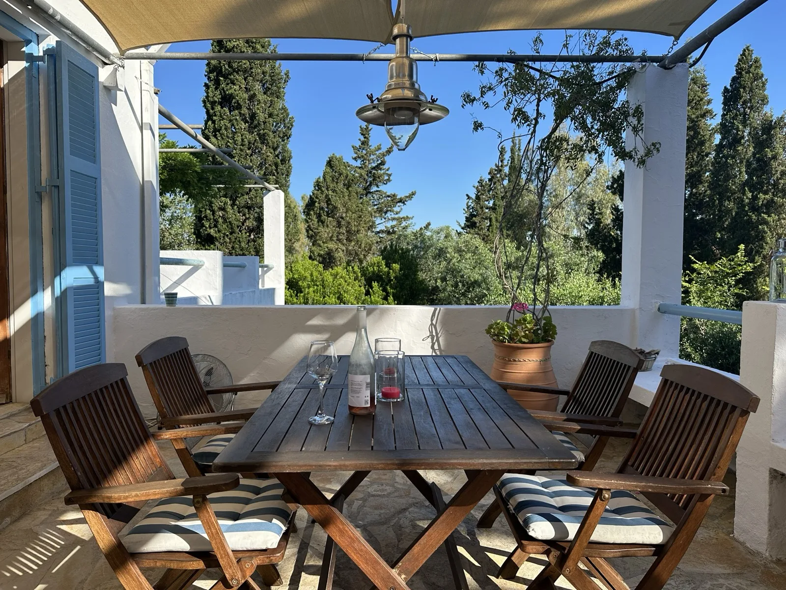 Terrace dining table under the pergola